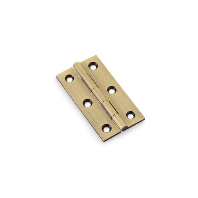 Brass door hinge on white background.