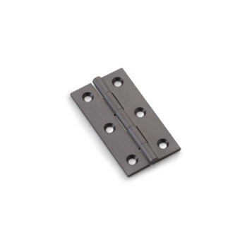 Dark grey metal door hinge on white background