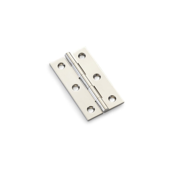 Stainless steel door hinge on white background.