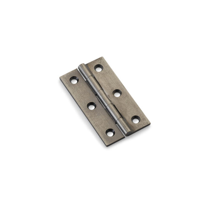 Stainless steel door hinge on white background.