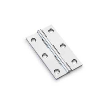 Stainless steel door hinge on white background.