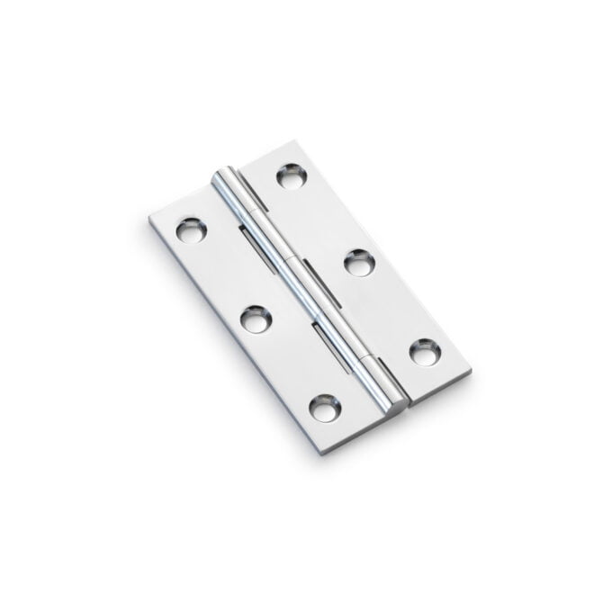 Stainless steel door hinge on white background.