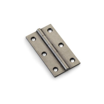 Stainless steel door hinge on white background.