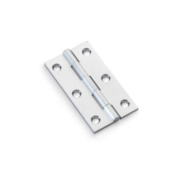 Stainless steel door hinge on white background.