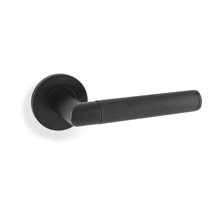 Black modern door handle on white background.