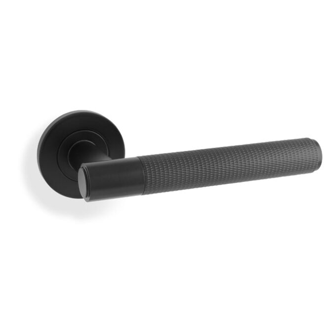 Black modern door handle on white background.