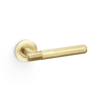 Brass door handle on white background.