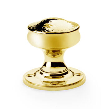 Polished gold door knob on white background.