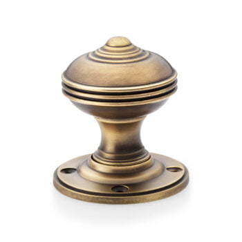 Antique brass door knob isolated on white background.