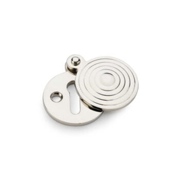 Silver circular metal lock on white background.