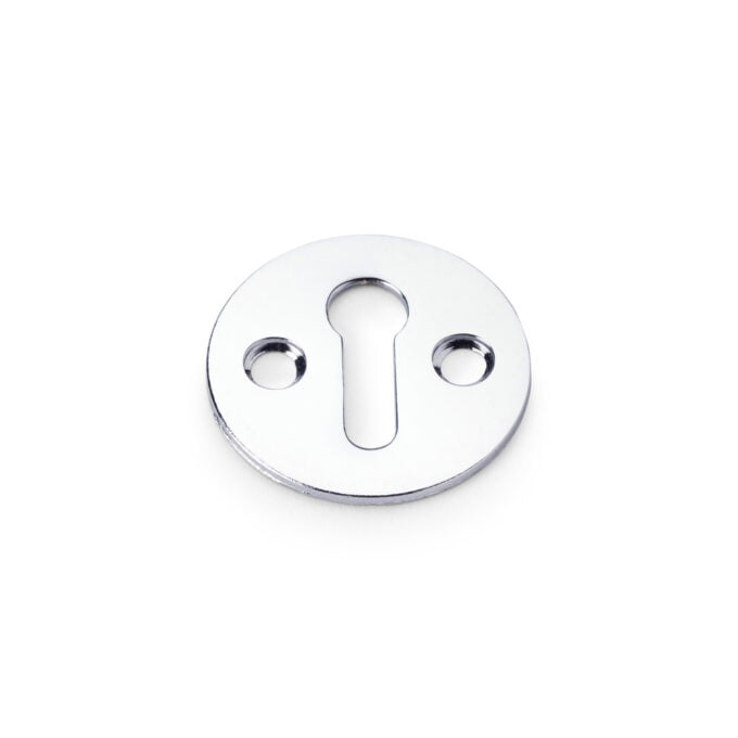 Silver keyhole escutcheon on white background.