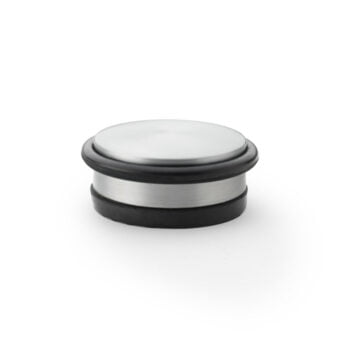 Stainless steel tamper on white background.