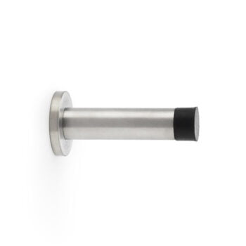 Stainless steel modern door handle on white background.