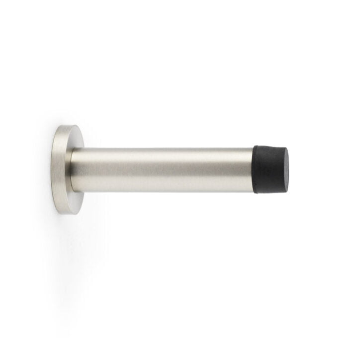 Stainless steel modern door handle on white background.