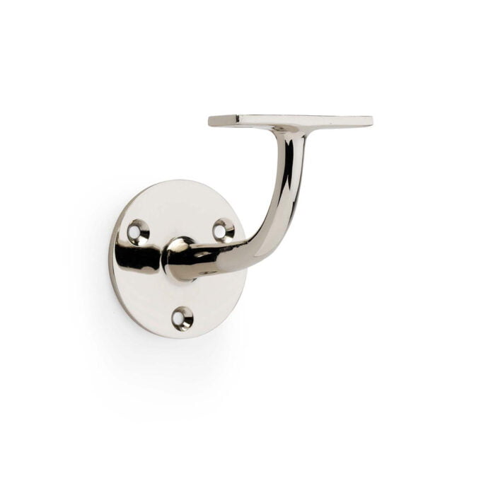 Polished chrome wall-mounted hook on white background.