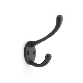 Black wall-mounted coat hook on white background.