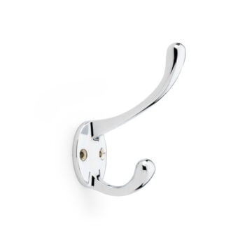 Polished chrome wall-mounted coat hook on white background