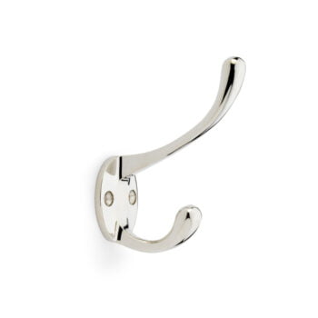 Polished chrome double wall hook on white background.