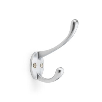 Silver wall-mounted coat hook on white background.