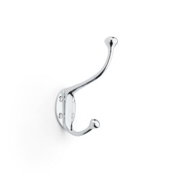 Silver wall-mounted coat hook on white background.