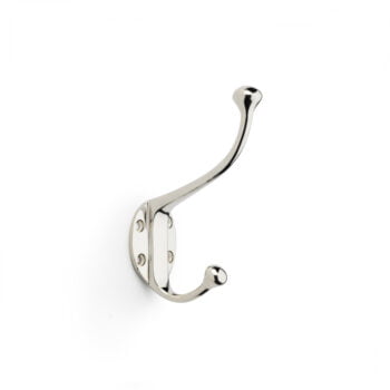 Polished chrome wall hook on white background