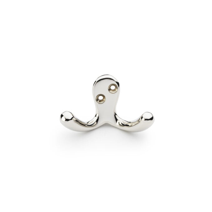 Silver double-hook wall hanger on white background.