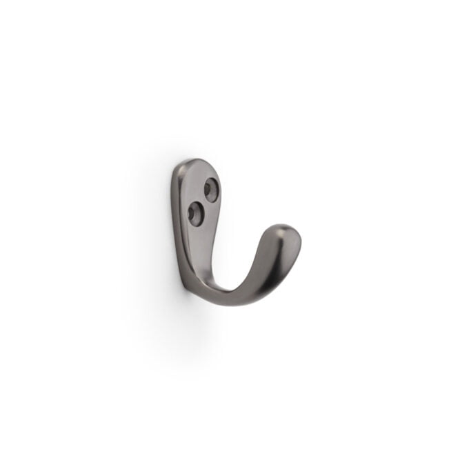 Single grey wall-mounted hook on white background.