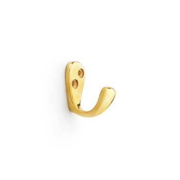 Golden wall-mounted coat hook on white background.