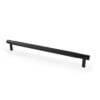 Black textured metal cabinet handle on white background.