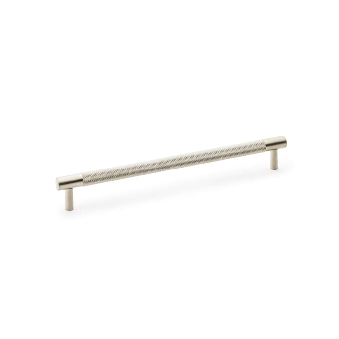 Brushed nickel kitchen cabinet handle on white background