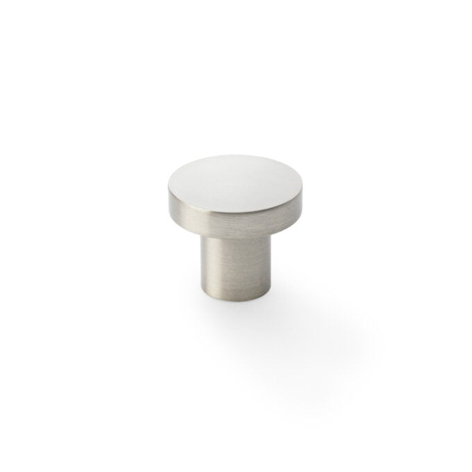 Brushed nickel cabinet knob on white background.