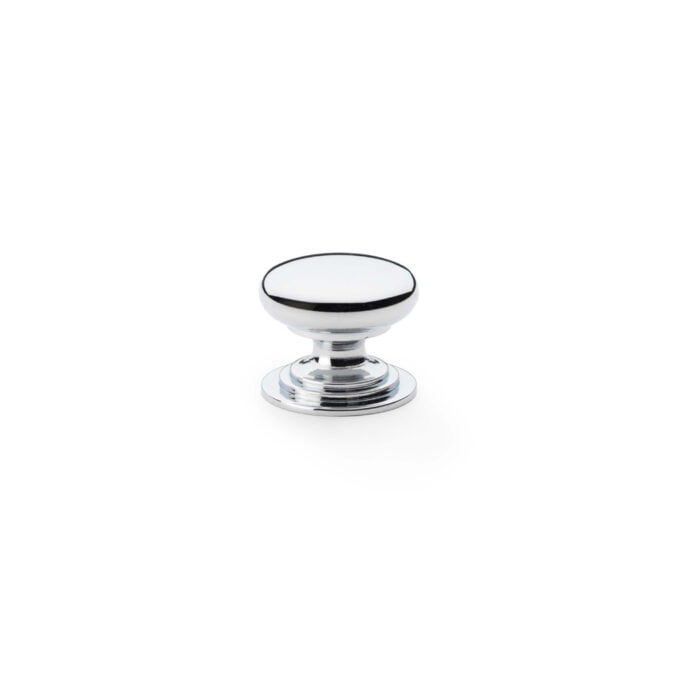 Silver cabinet knob on white background.