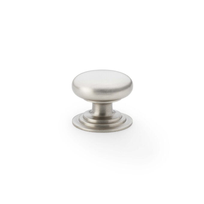 Satin nickel cabinet knob isolated on white.