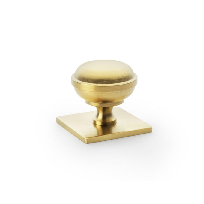 Brass cabinet knob on white background.