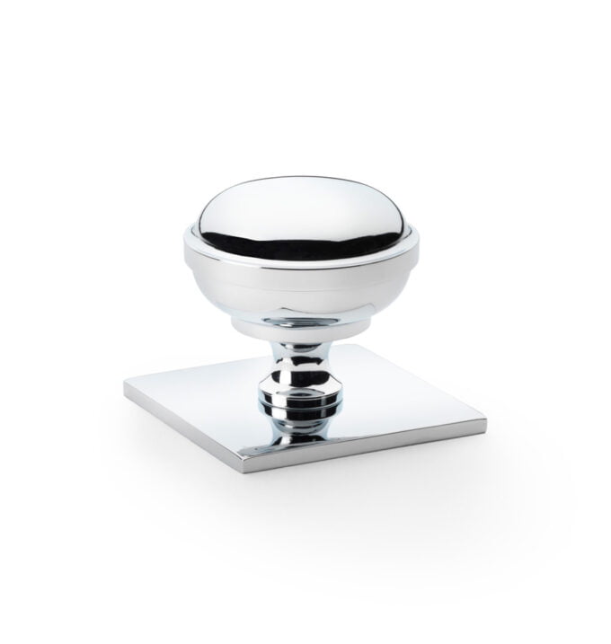 Quantock Cupboard Knob on Square Backplate - Polished Chrome - 38mm