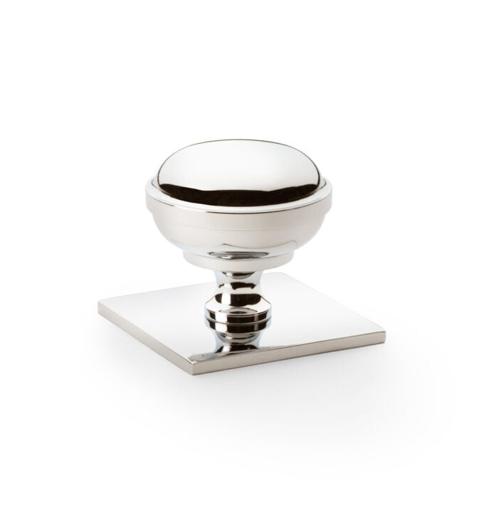 Quantock Cupboard Knob on Square Backplate - Polished Nickel - 38mm