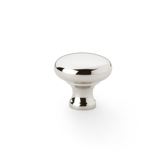 Polished chrome cabinet knob on white background