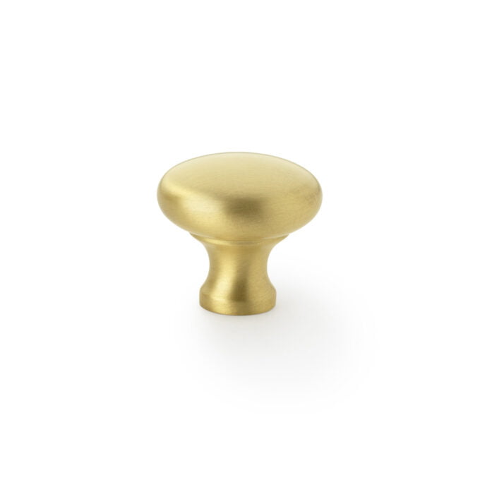 Wade Round Cupboard Knob - Satin Brass - 32mm Gold cabinet knob isolated on white background.