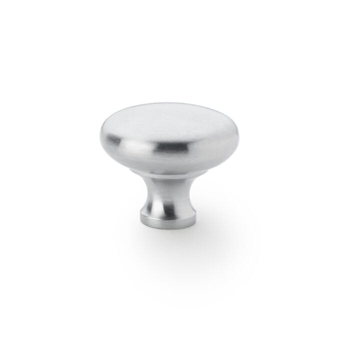 Stainless steel cabinet knob on white background