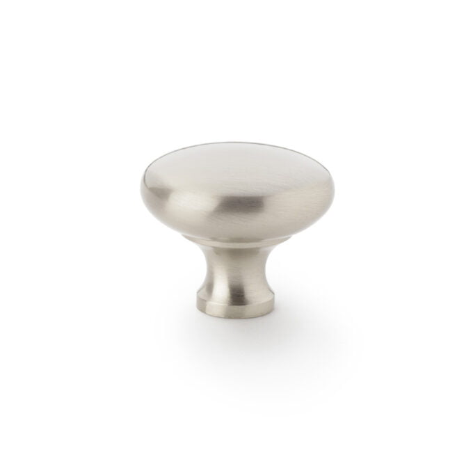 Brushed stainless steel cabinet knob on white background.