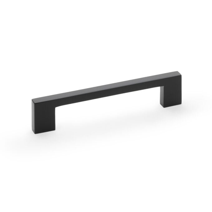 Marco Cupboard Pull Handle - Black - 128mmBlack modern cabinet handle on white background.