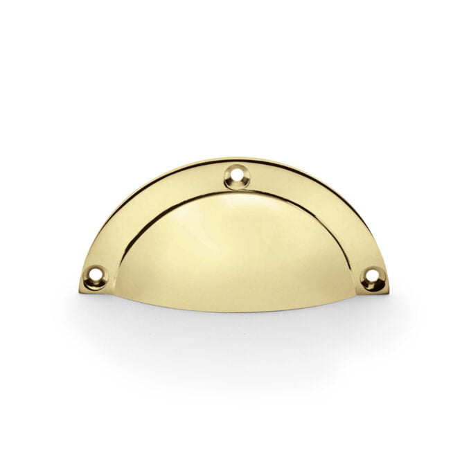 Polished gold cabinet handle on white background.