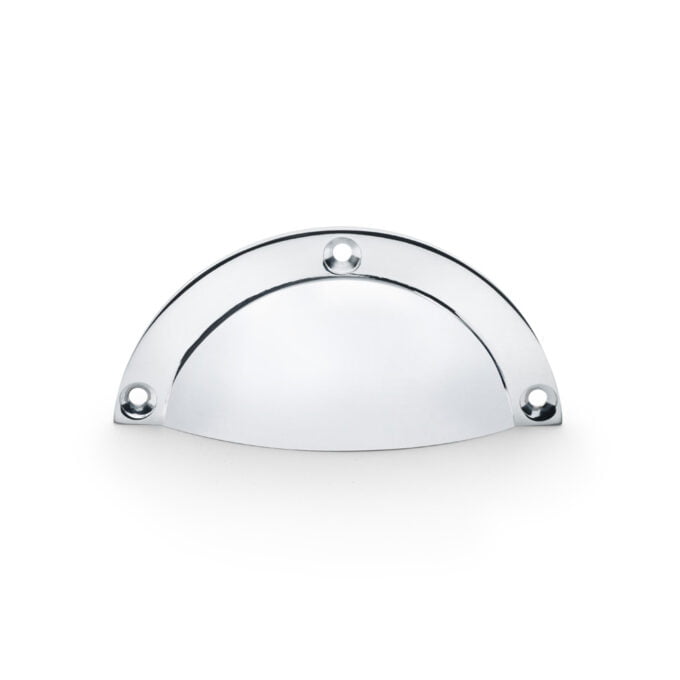 Silver semicircular cabinet handle on white background