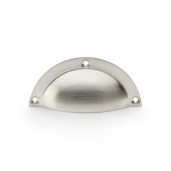 Brushed nickel cabinet handle on white background.
