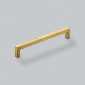 Battersea Pull Handle 160mm - Brushed Satin Brass metallic cabinet handle on grey background.