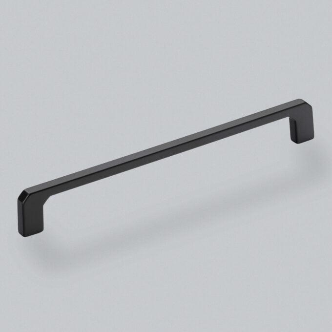 Black modern cabinet handle on grey background.