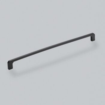 Black modern cabinet handle on white background.