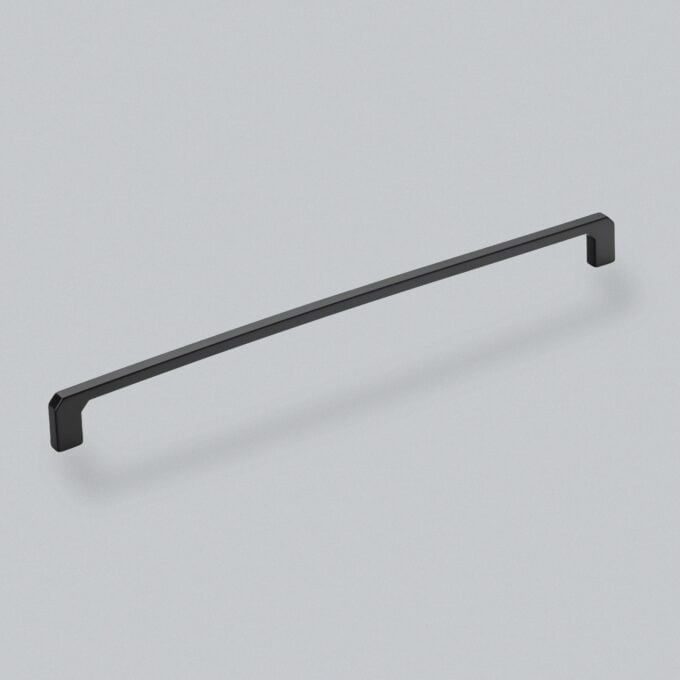 Black modern cabinet handle on white background.