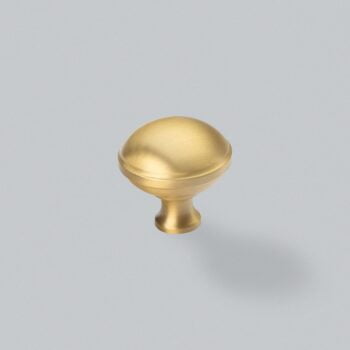 Gold cabinet knob on grey background.