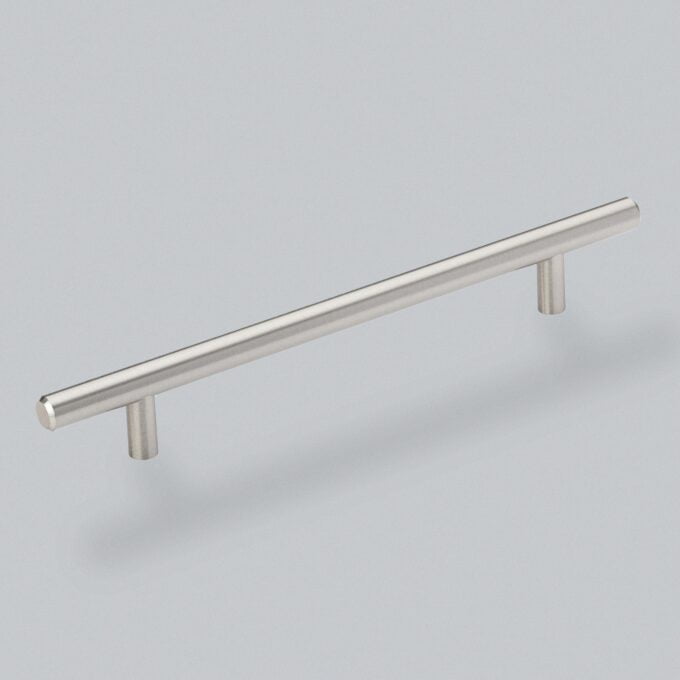 Stainless steel cabinet handle on grey background